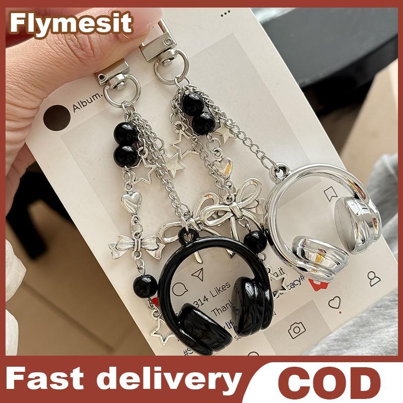 Flymesit Mini Y2K เพลงหูฟังพวงกุญแจ Vibrant ลูกปัดชุดหูฟังจี้สําหรับกระเป๋านักเรียนแฟชั่นอุปกรณ์เสริ