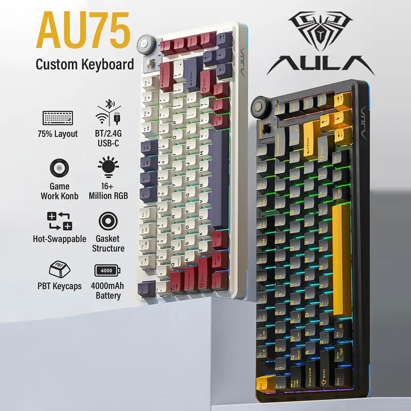 Aula AU75 คีย์บอร์ดเกมไร้สาย Tri-Mode 2.4G/BT/แบบมีสาย Hot Swappable พร้อม RGB Backlit Media Knob 75