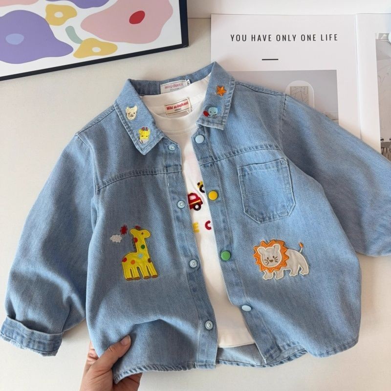 ฤดูใบไม้ผลิฤดูใบไม้ร่วงญี่ปุ่น miki ชายหญิงเด็ก Soft Denim เสื้อแขนยาวปัก Zoo All-Match Jacket