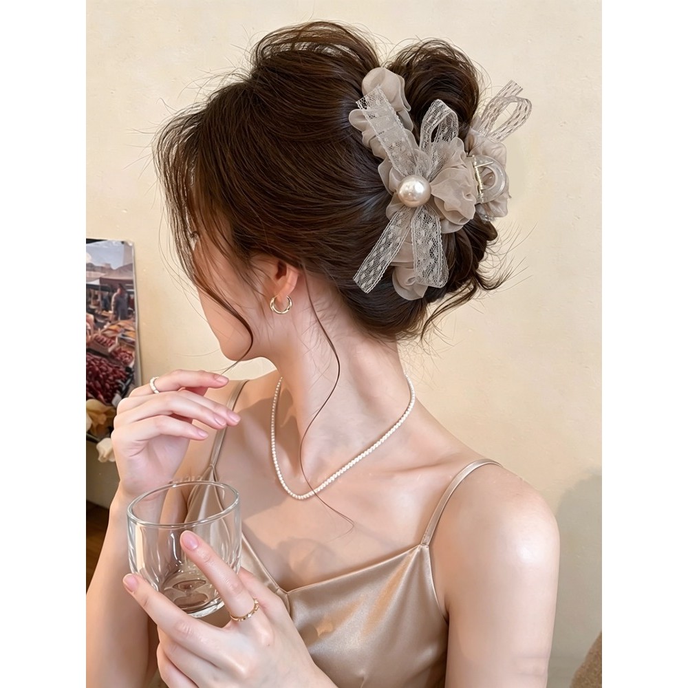 กิ๊บติดผมพรีเมียม ลายดอกไม้บนผ้ากอซ สีกาแฟ หลากหลายขนาด