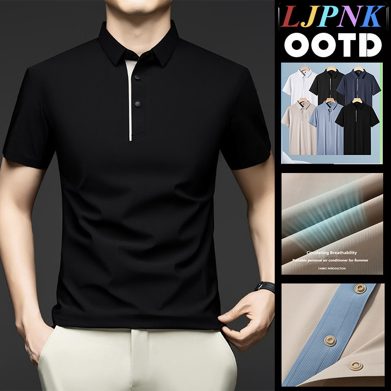LJPNK ผู้ชายพรีเมี่ยมเสื้อโปโลผ้าไหมน้ําแข็งแห้งเร็วระบายอากาศแขนสั้นธุรกิจสบายๆหรูหรา Tee M-5XL