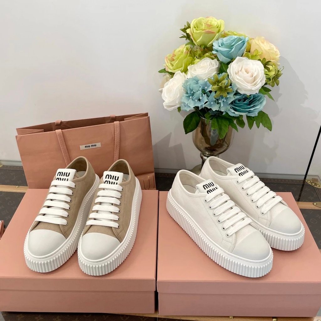 MiuMiu2023 Spring Summer Canvas รองเท้าบิสกิตกีฬาพื้นหนา