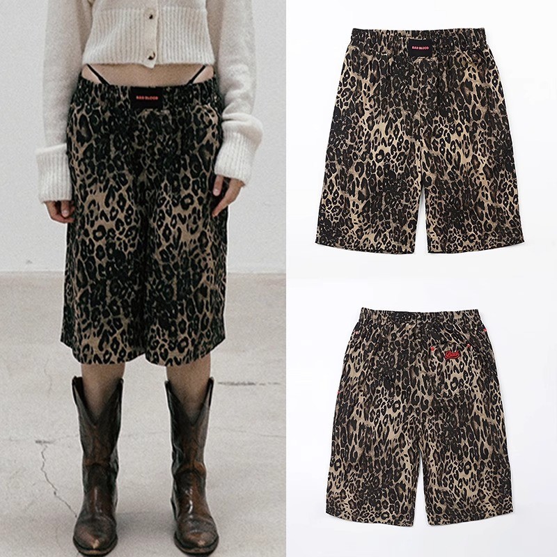 OX9T badblood bcac Leopard print shorts, casual pants, retro sports shorts, straight-leg pants