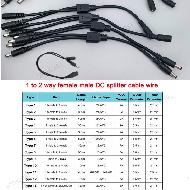 13 ประเภท 12v DC ชายหญิงแหล่งจ่ายไฟ Splitter อะแดปเตอร์ 2 ทาง dual ชายหญิงปลั๊กสาย 5.5*2.1 มม.2.5 มม.22awg 18awg ลวด TH23B1