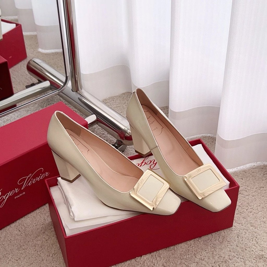 2025.1.31-7 ซม.ส้นหนา R Home Classic Belle Square Buckle Square Heel Cow Patent Leather Single Shoes