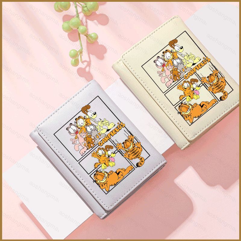 HK2 Garfield การ์ตูนน่ารักสั้นซิปกระเป๋าสตางค์กระเป๋าเงินเหรียญขนาดใหญ่ความจุสามพับ Multi Card Slot 