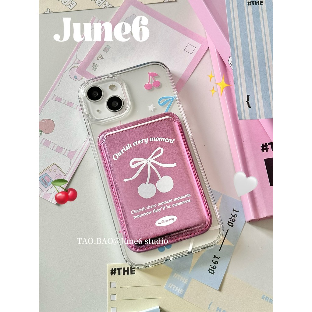 magsafe wallet wallet magsafe June6 studio เกาหลี ins Niche เลเซอร์สีชมพูโบว์เชอร์รี่แม่เหล็กผู้ถือบ