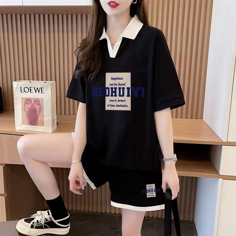 อินเทรนด์ Niche พิมพ์กางเกงขาสั้นแขนสั้นสไตล์ขี้เกียจสไตล์ใหม่ขนาดใหญ่หลวม All-Match Stand-Up Collar