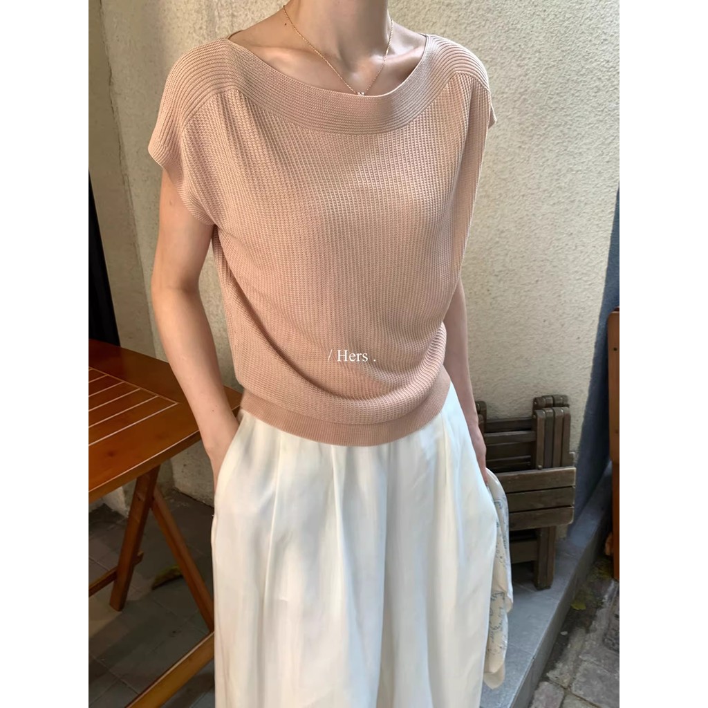 Simple Classy One-Line คอขนาดเล็ก Flying Sleeve Design แขนสั้นเสื้อถัก All-Match Slimmer ดูผู้หญิงยอ