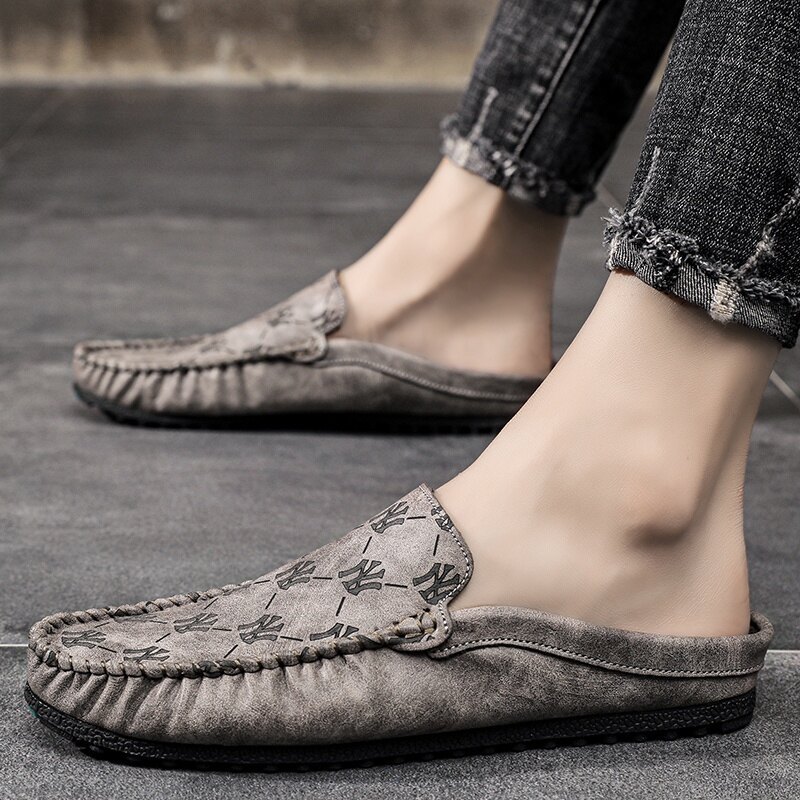 Men's Open Heel Casual Shoes Brown Men's Leather Shoes Slip-Ons Loafers