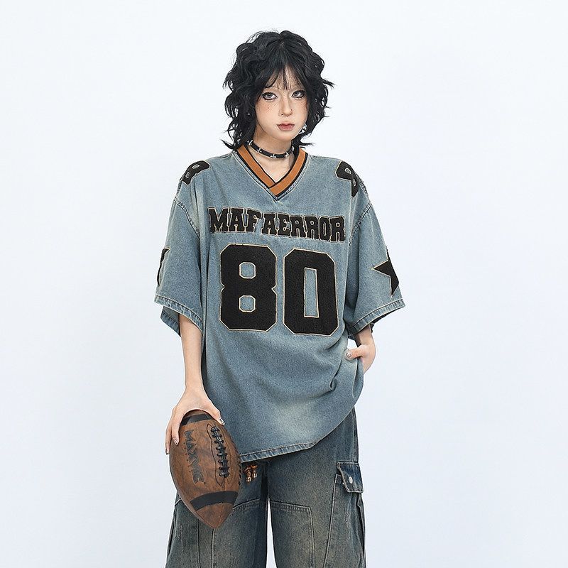 VALEXTRA American Flocking เย็บปักถักร้อยล้าง Distressed Denim เสื้อยืดแขนสั้นผู้ชายผู้หญิงหลวม Retr