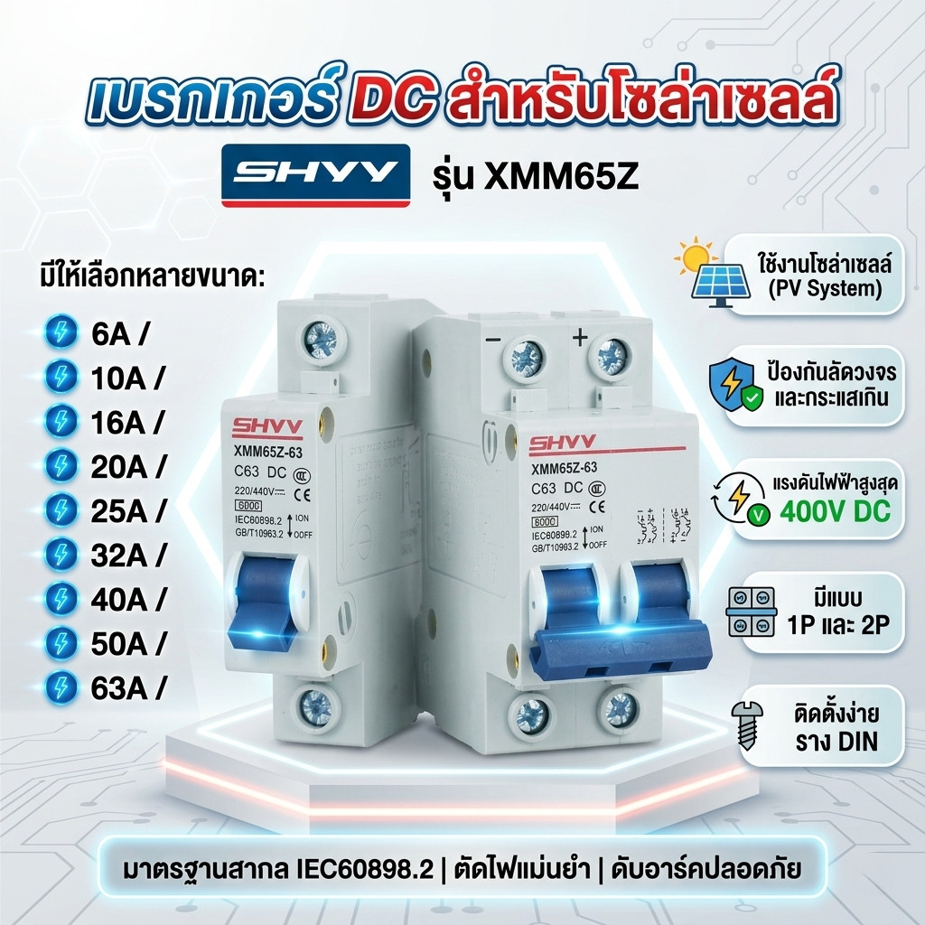 เบรกเกอร์ DC SHYV 400V (1P/2P) รุ่น XMM65Z สำหรับโซล่าเซลล์ 6A 10A 16A 20A 25A 32A 40A 50A 63A มาตรฐ