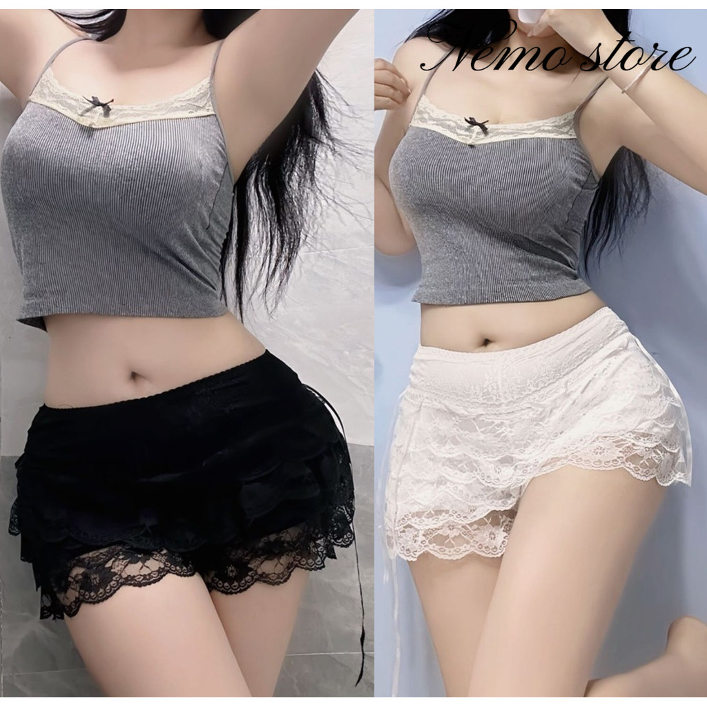 KK121 กางเกงขาสั้นผ้าลูกไม้ ดีเทลแต่งชั้นๆ โบว์ผูกข้างน่ารัก ทรงสวยใส่สบาย