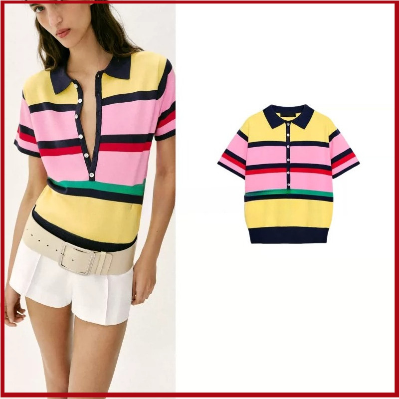 ZA ฤดูร้อนสินค้าใหม่เสื้อผ้าผู้หญิงสีตัดกันลายเสื้อโปโลถักด้านบน 3653015