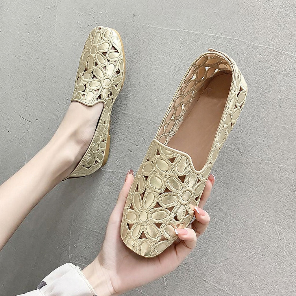 ผู้หญิงแฟชั่นรองเท้าแบน Hollow Square Toe Slip บน Casual อเนกประสงค์ Soft Sole รองเท้าแตะสําหรับสุภาพสตรี