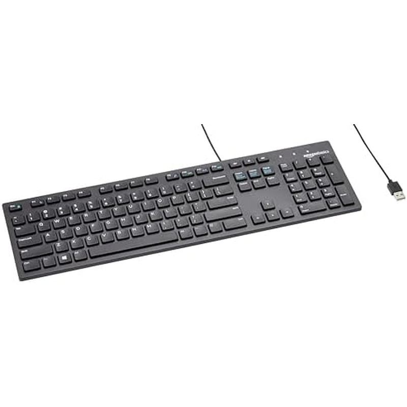 Amazon Basics Wired QWERTY Keyboard, Works with Windows, Plug and Play, Easy to Use with Media Contr