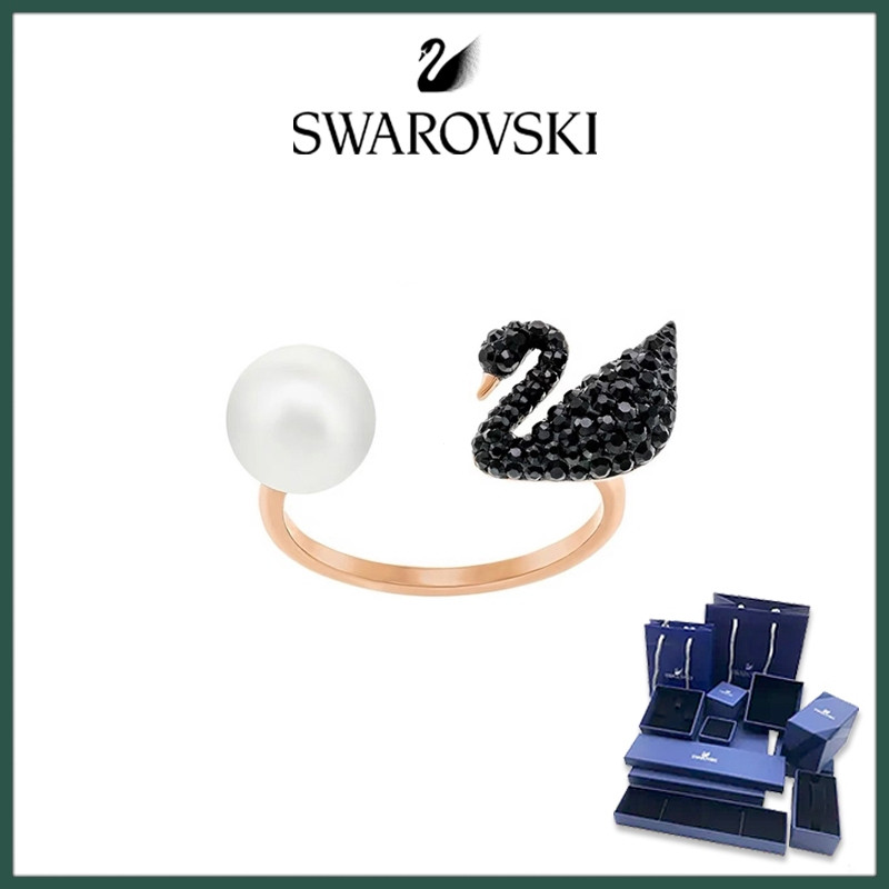 พร้อมสต็อก Swarovski ICONIC SWAN Black SWAN Pearl Open Ring Jewelry MINQ