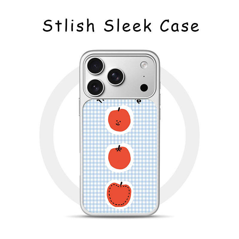 การ์ตูนหวานสีแดง Apple Blue Checkered เคสโทรศัพท์Trendy Silver Border Girly iPhone Cover เหมาะสําหรับ Apple 17Promax เคสโทรศัพท์ 16Promax