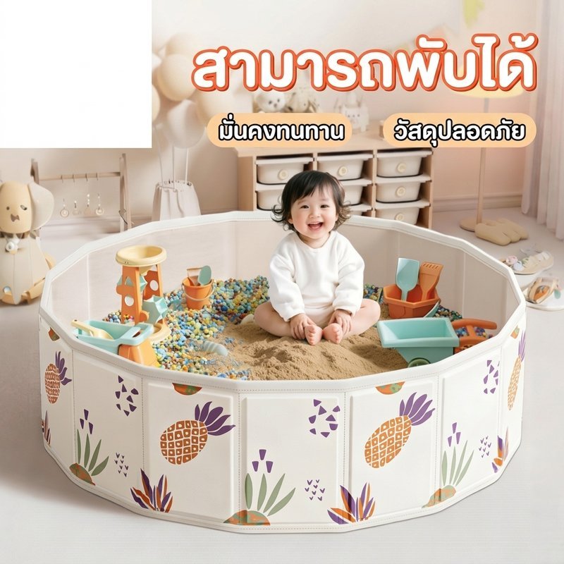 บ่อทรายเด็ก บ่อบอลพับได้ คอกกั้นเด็ก ผ้าทนทาน ปลอดภัย พกพาง่าย ของเล่นเด็กในบ้าน ลายการ์ตูน