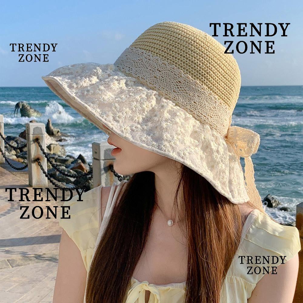 TRENDYZONE หมวกฟางกันแดด,ป้องกันรังสียูวี Breathable หมวกฟาง, Elegant Wide-Brim Lace Ribbon Bow หมวก
