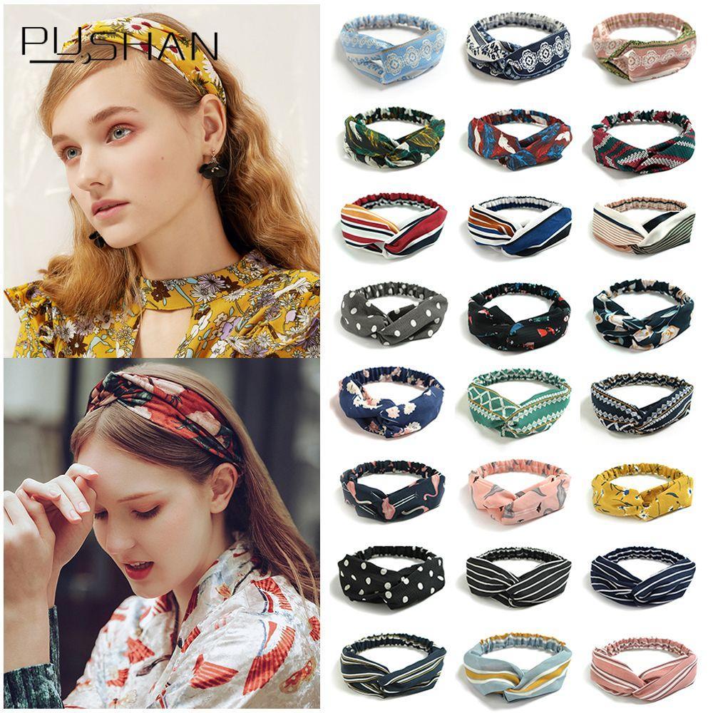 PUSHAN Headbands สําหรับผู้หญิงพิมพ์ Turban Cross Knot Girls Hair Bands