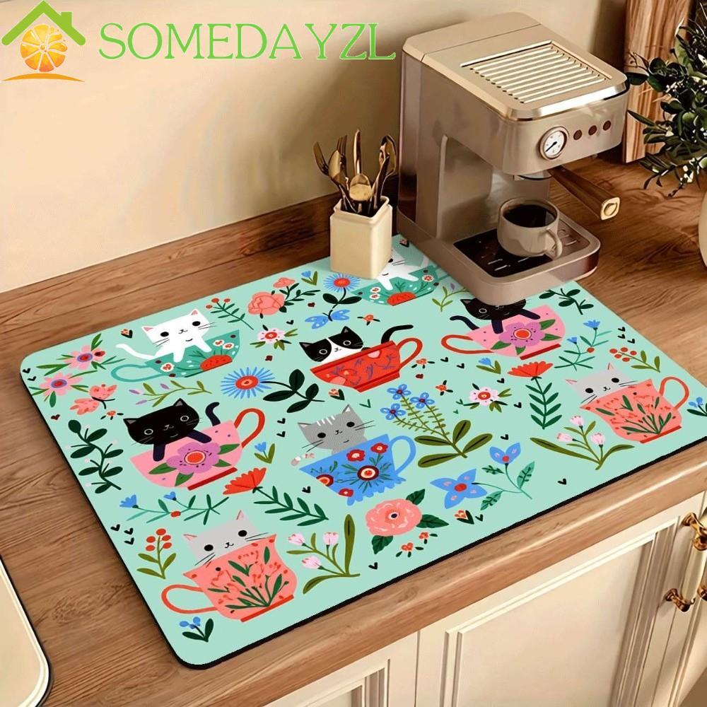 SOMEDAYZL Kitchen Mat, Sweet Cat Floral Coffee|เสื่อ,การ์ตูนสี่เหลี่ยมกันลื่นดูดซับจานอบแห้งเสื่อบนโต๊ะอาหาร