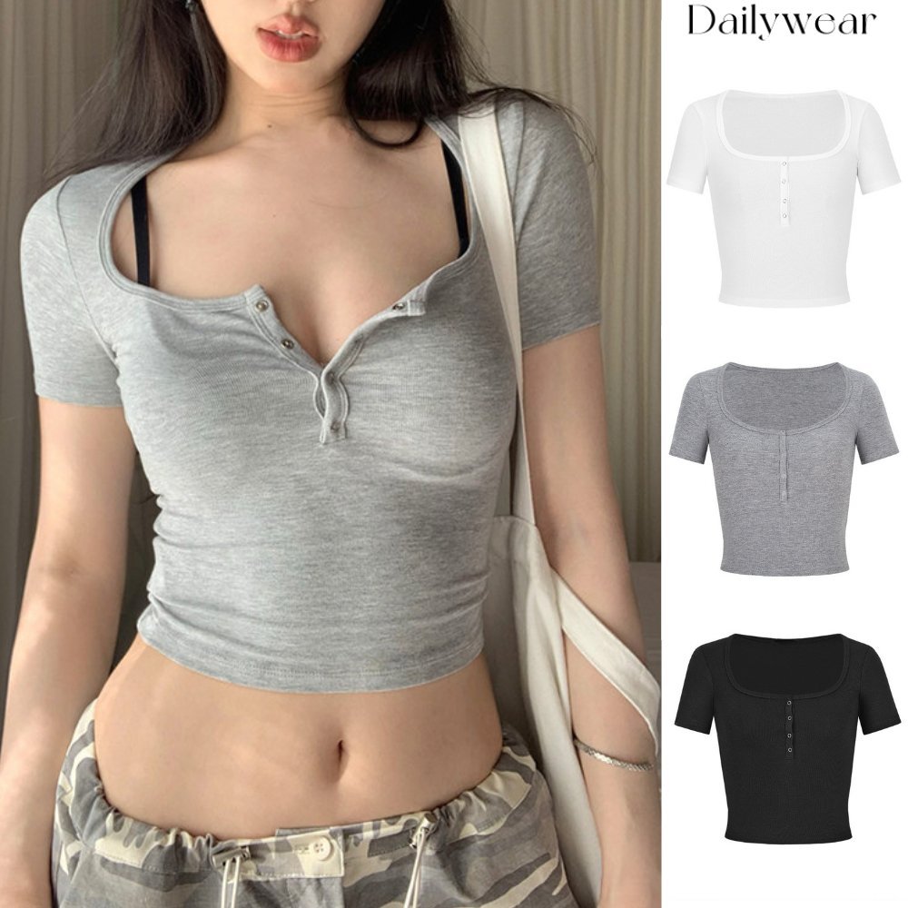 Dailywear พร้อมส่ง เซ็กซี่ร้อนสาวถักแน่นเสื้อยืดแขนสั้นหญิง 2026 สำหรับฤดูร้อนใหม่แสดงเอวสูงเข้าได้หลายชุดแบบสั้นเสื้อ