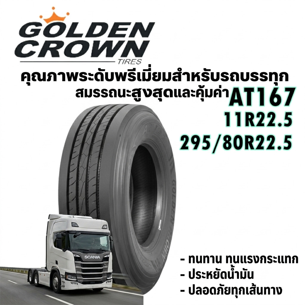 ยางรถบรรทุก เรเดียล ขนาด 11R22.5 ,295/80R22.5 รุ่น AT167 (ลายเรียบ) ยี่ห้อ GOLDEN CROWN