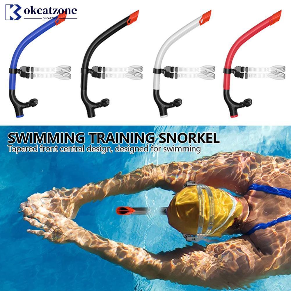 OKCATZONE ว่ายน้ําการฝึกอบรม Snorkel Center-Mount Mouthpiece One-Way Purge วาล์วสีดําซิลิโคนสีฟ้าสํา
