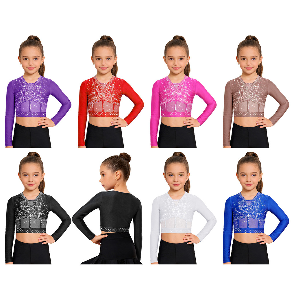 Yeahdor เด็กสาวเงา Rhinestones Dance Tops V คอยาวแขนยาวตาข่าย Patchwork Crop Top สําหรับเนื้อเพลงเต้นรําสเก็ต