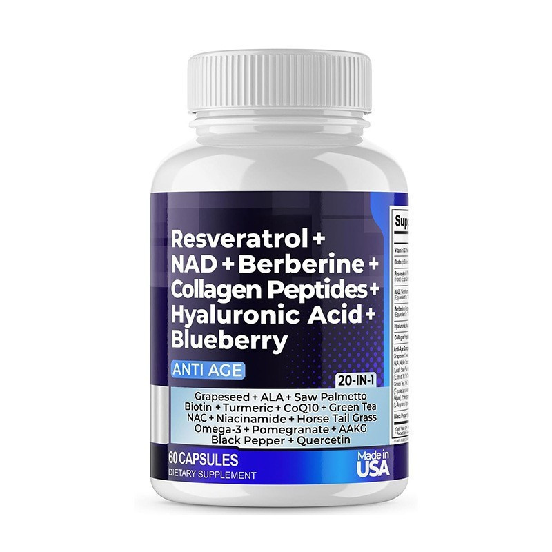 แคปซูลวิตามินรวม 20-in-1 |   ประกอบด้วย Resveratrol + NAD + คอลลาเจนเปปไทด์ + กรดไฮยาลูโรนิก + บลูเบ