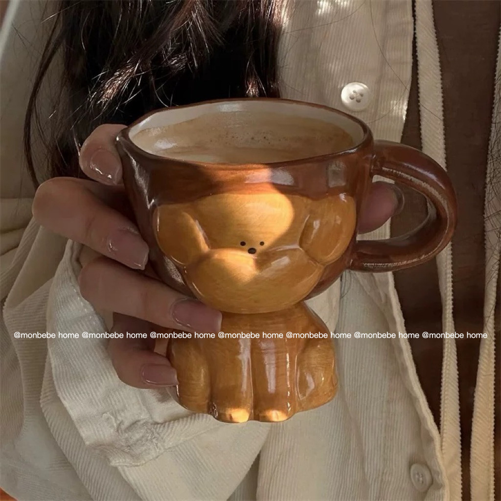 แก้วนม แก้วกาแฟ แก้วเซรามิก3dสุนัขสีน้ำตาลน่ารัก แก้วเซรามิคทำมือ ของขวัญวันเกิด พร้อมส่ง