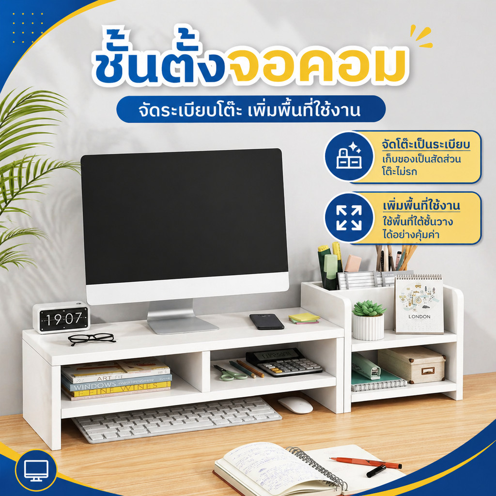 ชั้นวางจอพร้อมลิ้นชักคีย์บอร์ด ขาตั้งจอมอนิเตอร์ 2 ชั้น จัดระเบียบโต๊ะทำงาน เพิ่มพื้นที่ใช้สอย ของแต่งห้อง minimalist