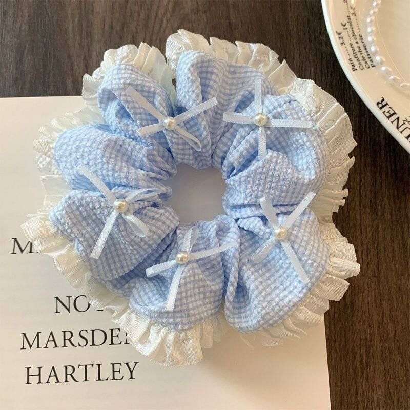 ใหม่ Blue Bowknot Pearl Scrunchie Hair Rope Hair Ties เครื่องประดับผม
