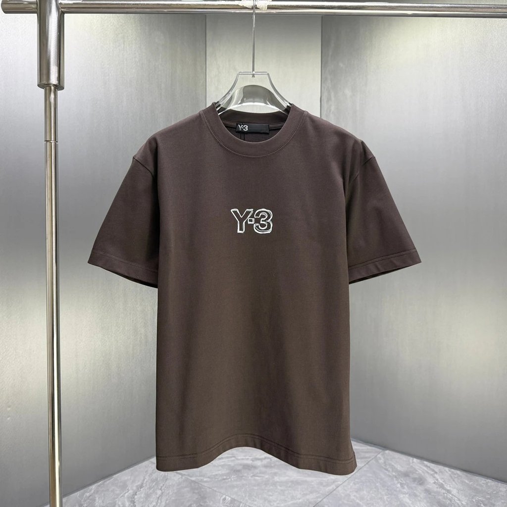ย-3 เสื้อยืดแขนสั้นโลโก้สามมิติสีกาแฟ | Yoji Yamamoto Style Retro Functional อินเทรนด์ T