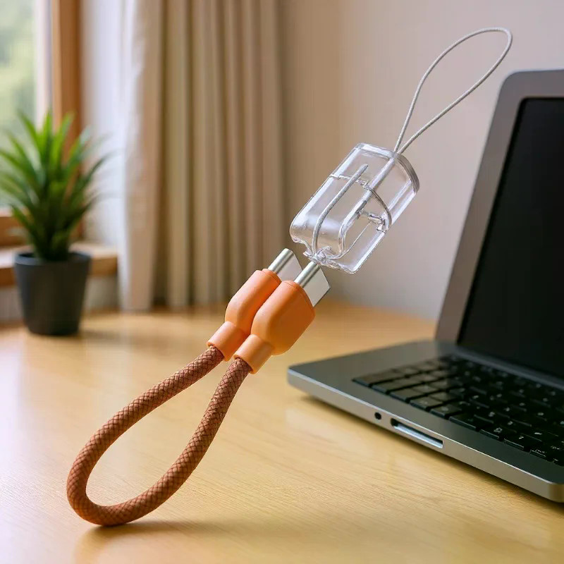 สาย Lanyard USB C to USB C แบบสั้น,สายถักแบบพกพา Type C/Lighting Fast Charging Cord Power Bank