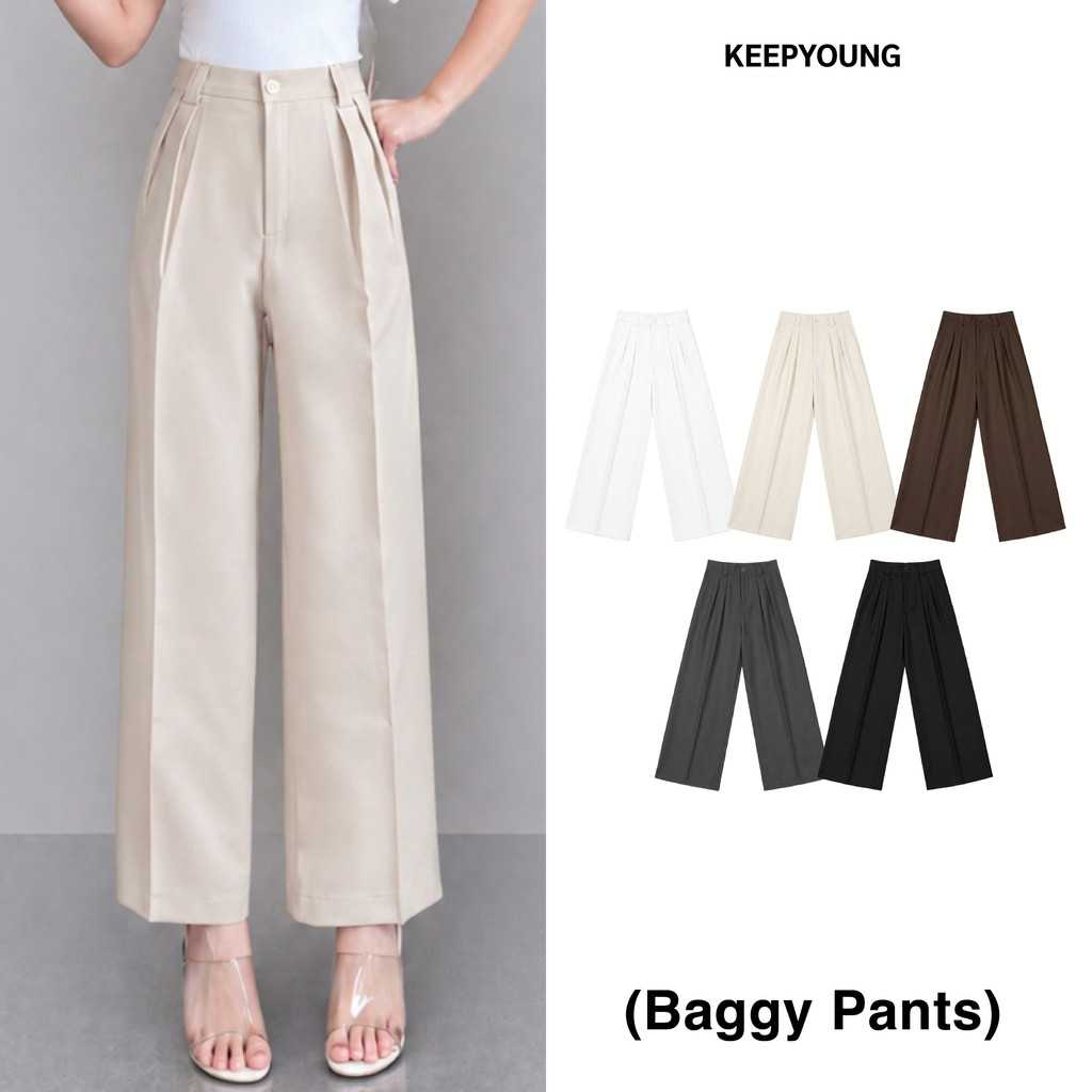 KEEPYOUNG [S-3XL] กางเกงกระบอกใหญ่เอวสูง ผ้าทิ้งตัว รุ่น BAGGY PANTS