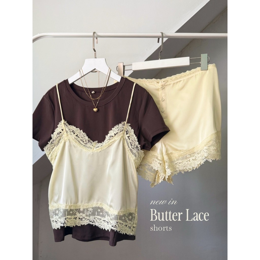 SAY APPAREL: Butter yellow lace camisole เซทสายเดี่ยวและขาสั้นแต่งลูกไม้ ปรับสายได้