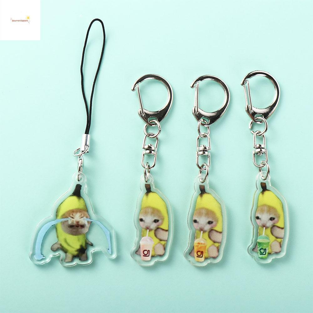 GOURMETGALORE Happy Banana Cat พวงกุญแจ, กระเป๋าเป้สะพายหลัง Charm จี้ Banana Cat ห่วงโซ่โทรศัพท์มือ