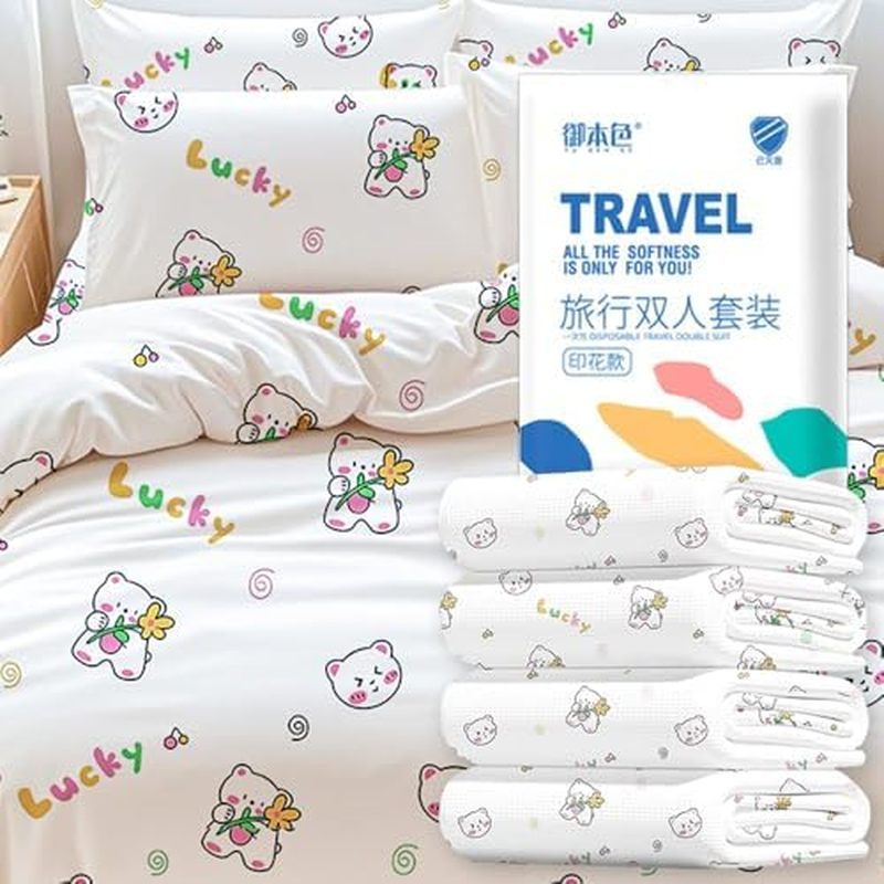 Disposable Travel Bedding Set, 4 Piece Lucky Bear Print, Thickened SMS Fabric, Hotel Sheets and Pill