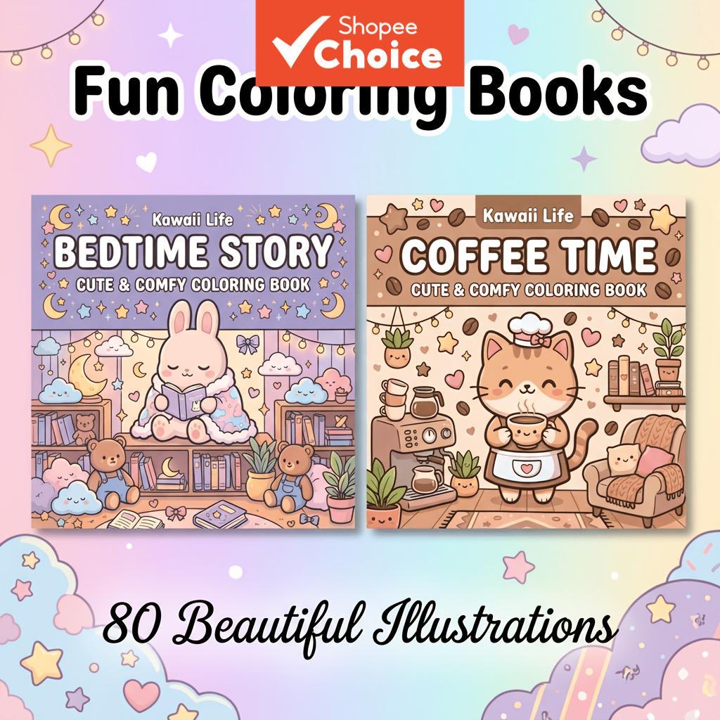 ชุดสมุดระบายสีธีม Coffee Time & Bedtime Story 2 เล่ม - ลาย手绘ต้นฉบับ 80 ลาย, กระดาษคุณภาพสูง 200 แกรม กันซึม, พิมพ์สองด้าน, ของขวัญในอุดมคติ