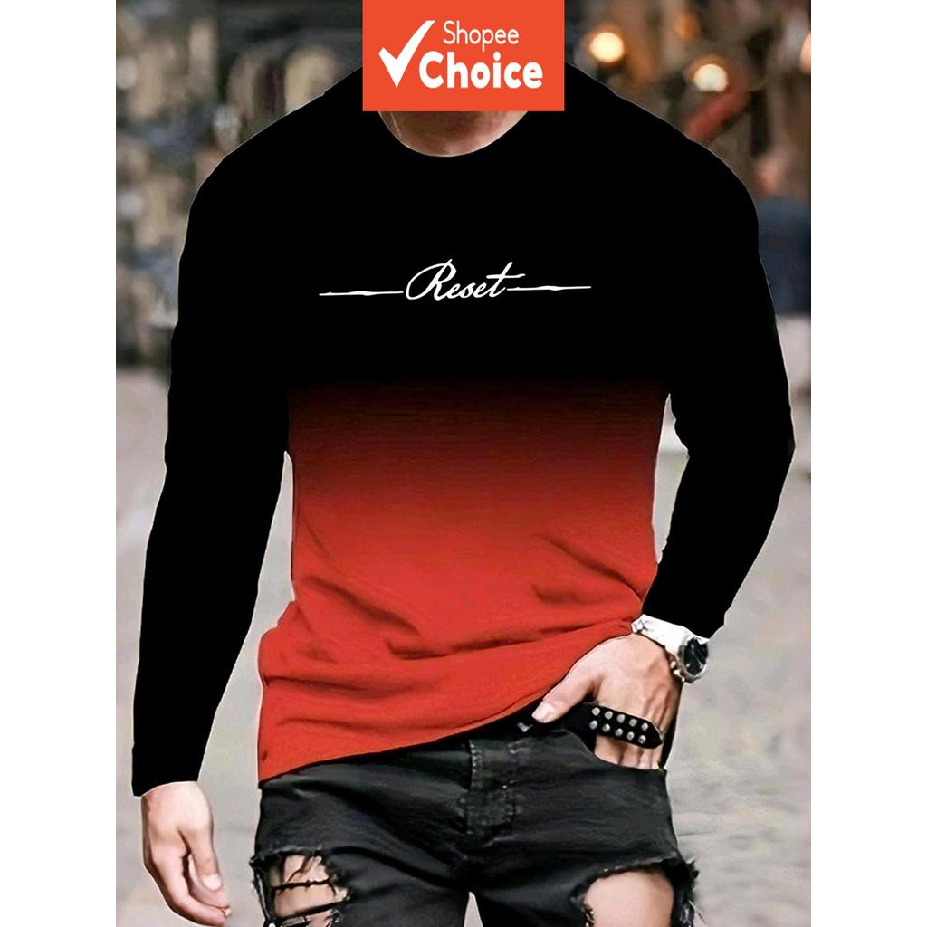 เสื้อยืดแขนยาวลําลองผู้ชายลายอักษร Reset ดีไซน์ไล่โทนสี 3 มิติ พร้อมสีดําไล่สีเทอร์ควอยซ์ ส้ม และเทา
