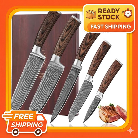 Wakoli EDIB Damascus Kitchen Knife [5-piece set] Gyuto knife, carving knife, Santoku knife, small Sa