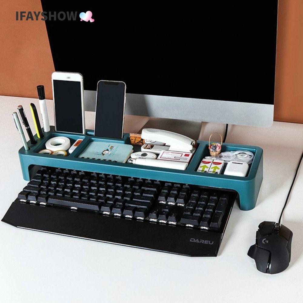 IFAYSHOW ที่เก็บโต๊ะ, ชั้นเก็บคีย์บอร์ดโต๊ะพลาสติกมัลติฟังก์ชั่น, อุปกรณ์จัดเก็บเดสก์ท็อปความจุขนาดใหญ่ที่เรียบง่ายในบ้าน/สํานักงาน