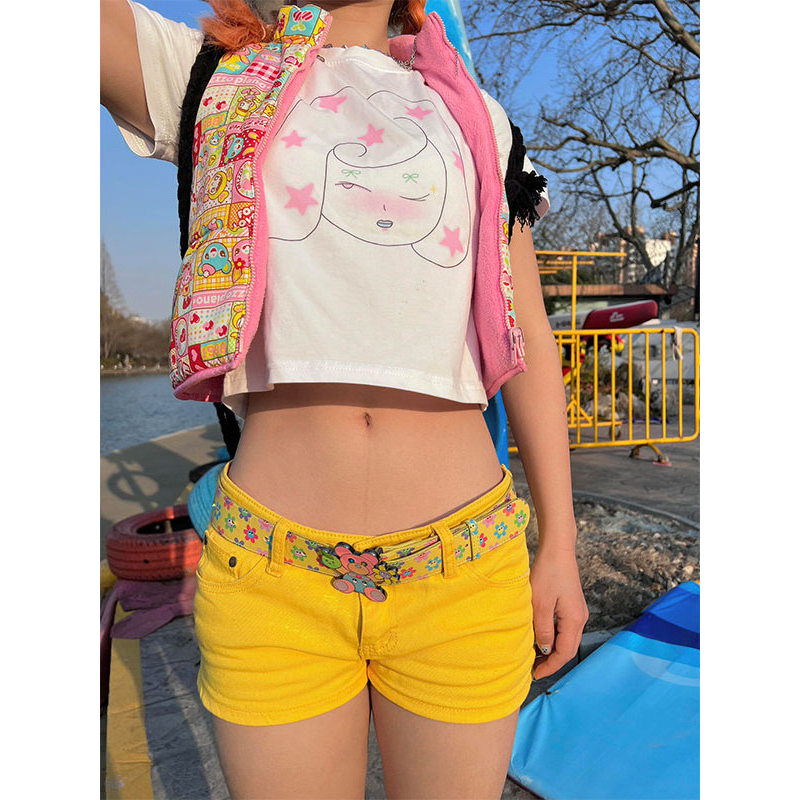กางเกงขาสั้นสบาย Korean shorts cicishop1 Hot Girl Dopamine Wear Yellow Denim Super Shorts Women Summ