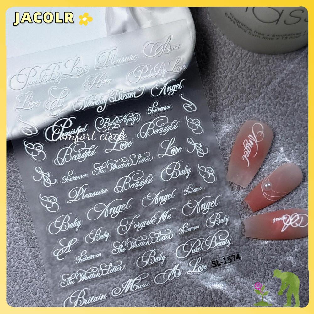 JACOLR สติ๊กเกอร์ติดเล็บ ตัวอักษรภาษาอังกฤษ DIY ตกแต่งเล็บ Vintage Artistic Fon นูนสีดําสีขาว Decals เครื่องมือแต่งเล็บ
