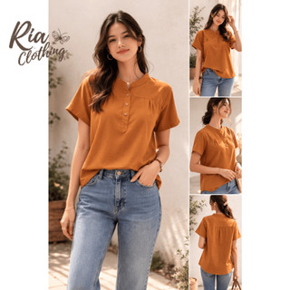LUNA Chinese Collar Polo Shirt Button Office Blouse Korean BKK Trendy Top for Women Ria Clothing