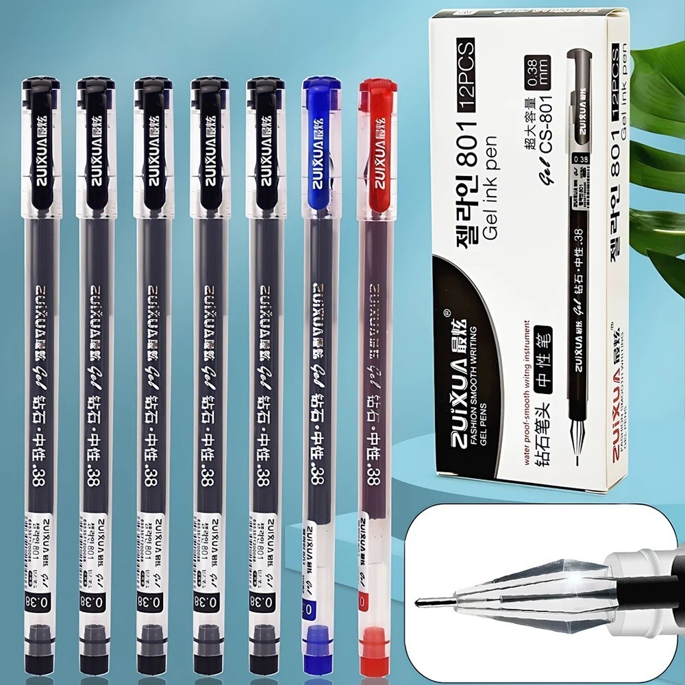 ปากกาเจล 0.38 มม หัวเพชร หมึกเยอะ เขียนลื่น ชุด 6/12 ด้าม สีดำ น้ำเงิน แดง สำหรับสอบ นักเรียน ออฟฟิศ