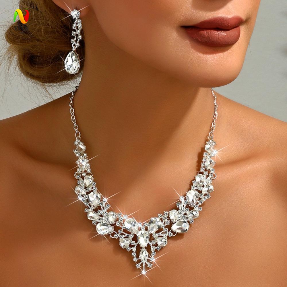 INQUIRY IMPACT สร้อยคอเจ้าสาวต่างหู, ชุดเครื่องประดับ Rhinestone Shining, หรูหราหรูหราประณีตสร้อยคอต