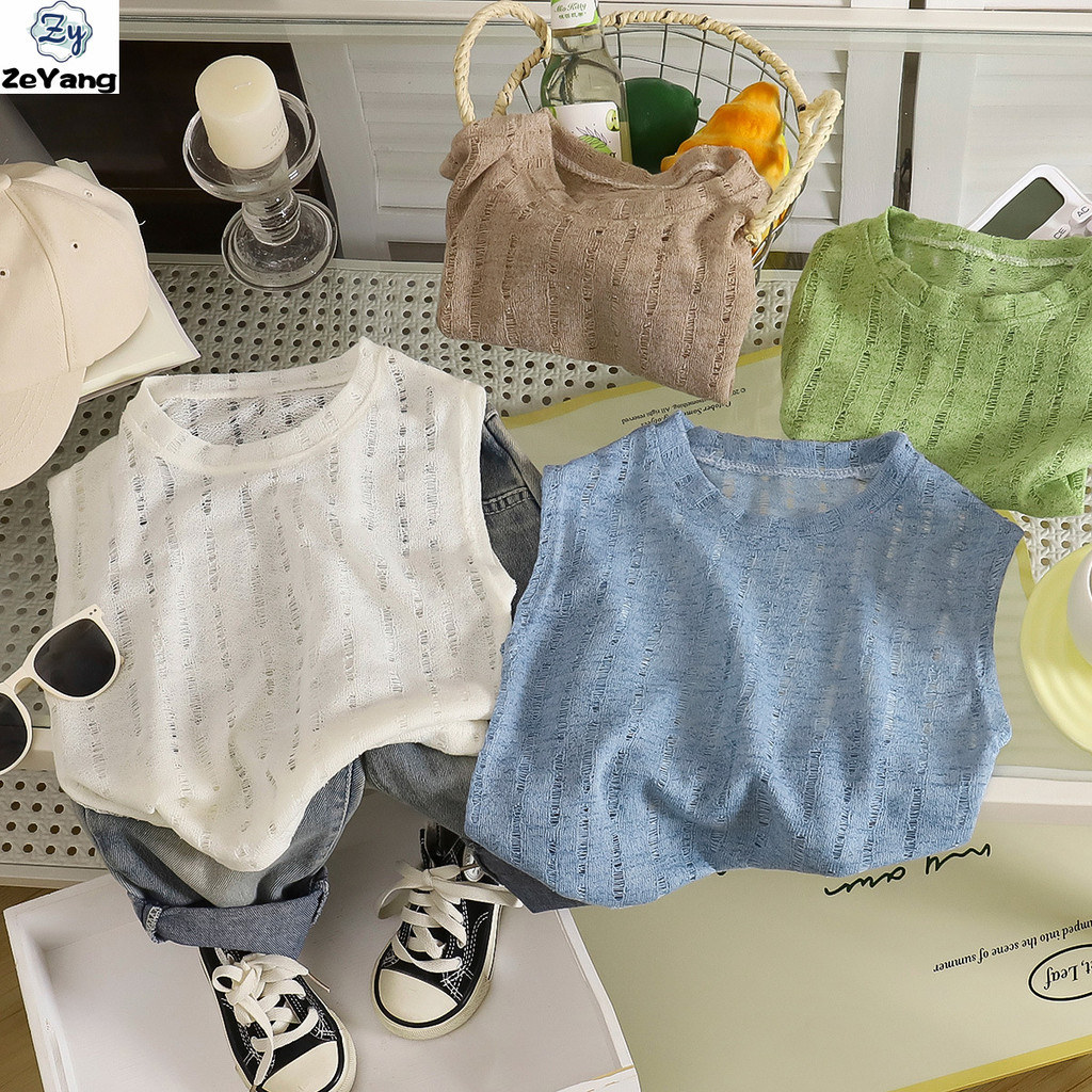 [ZY] 70-140 พร้อมสต็อกเด็กถักเสื้อกั๊ก Hollow Casual T Baby Breathable Bottoming เสื้อ All-Match แฟชั่นเสื้อผ้าเด็ก Fast Shipping